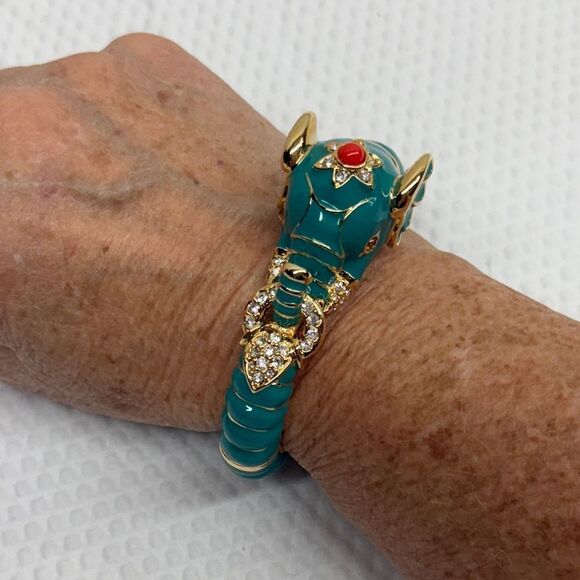 Kenneth Jay Lane Teal Raj Hinged Bangle Clamped Bracelet - Picture 8 of 13